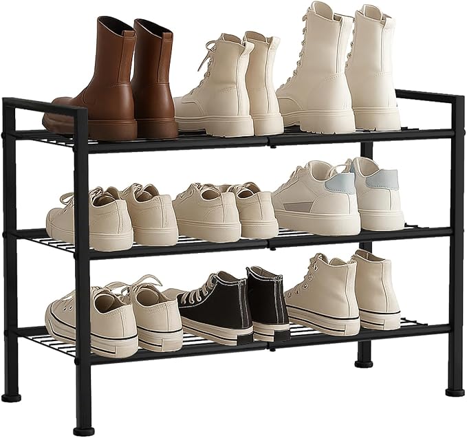 Simple 3 Tier Shoe Rack,Metal Stackable Shoe Storage Organizer for Closet,Entryway, Bedroom, Black (Black, 3-Tier)