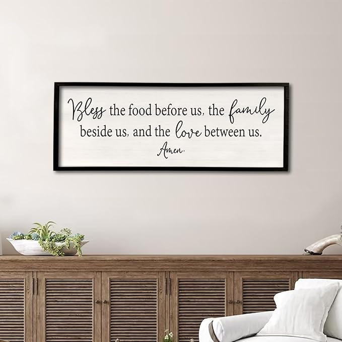 Bless the Food Before Us Sign Wall Decor 32''×12'' Large Farmhouse Dining Room Wall Decor Framed Wood Rustic Home Wall Art Kitchen Decoration (Black)