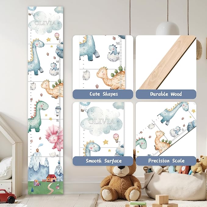 Personalized Name Growth Chart for Kids, Watercolor Dinosaur Height Measurement Chart for Children's Growth, Suitable for Both Boys and Girls, Removable and Easy to Store, Lightweight
