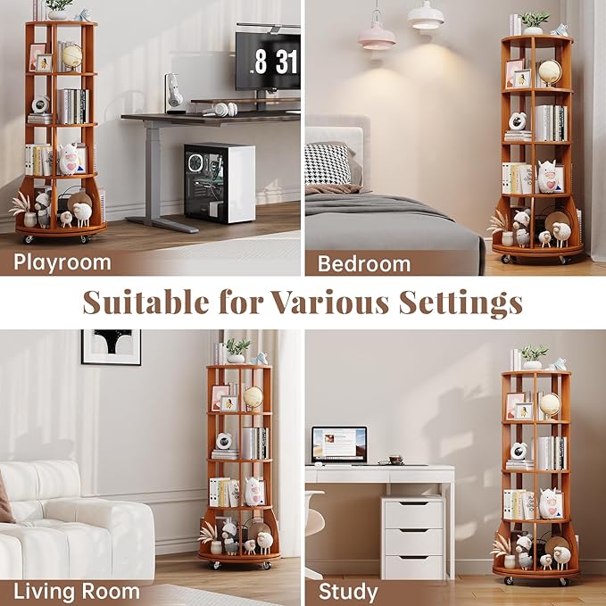 4 Tier Rotating Bookshelf with Brake Wheels, 360° Spinning Bookcase, Vertical Floor Standing Revolving Bookshelf Organizer for Small Spaces, Corner, Living Room, Bedroom, Rustic Brown