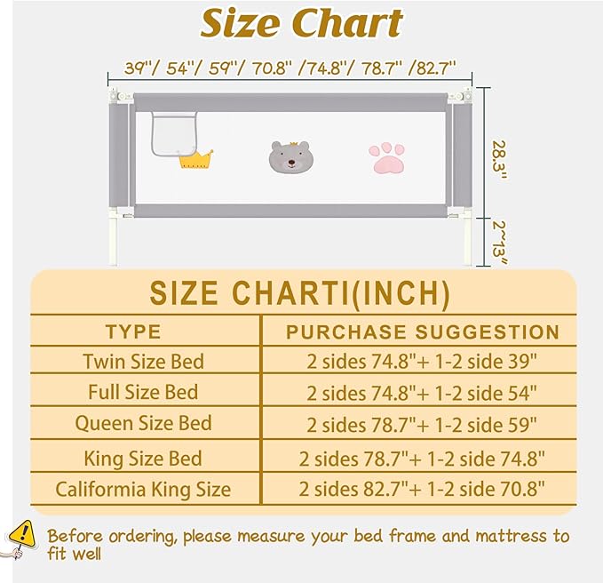 Height Adjustable Bed Rail for Toddlers, Kids Safety Baby Bed Rail for Twin/Full/King/Queen Size Bed (1 Side, 70.8 Inch)