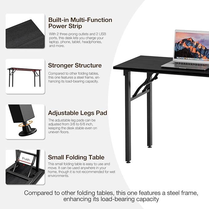 TEMI Long Computer Desk Folding Table - 55.1" Foldable Office Desk, No Assembly, Perfect Writing Table for Bedroom or Apartment, Portable Large Desk or Study Table with Compact Design, Dark Oak