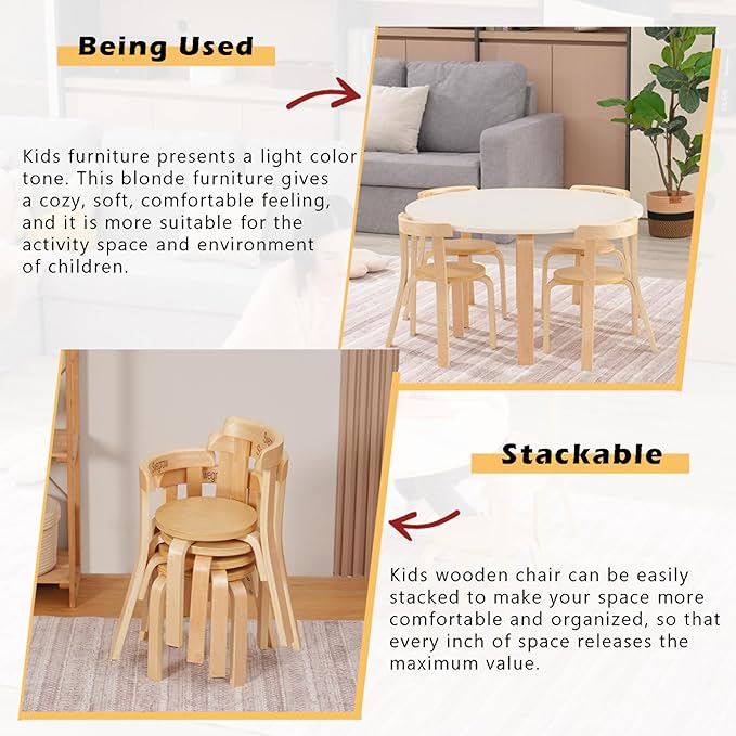 Swegrow Wooden Kids Chair, Toddler Chair for Table, Kids Stackable Chairs, Kid Wooden Furniture for Family/Playroom/Classroom(Set of 4-Natural Wood)
