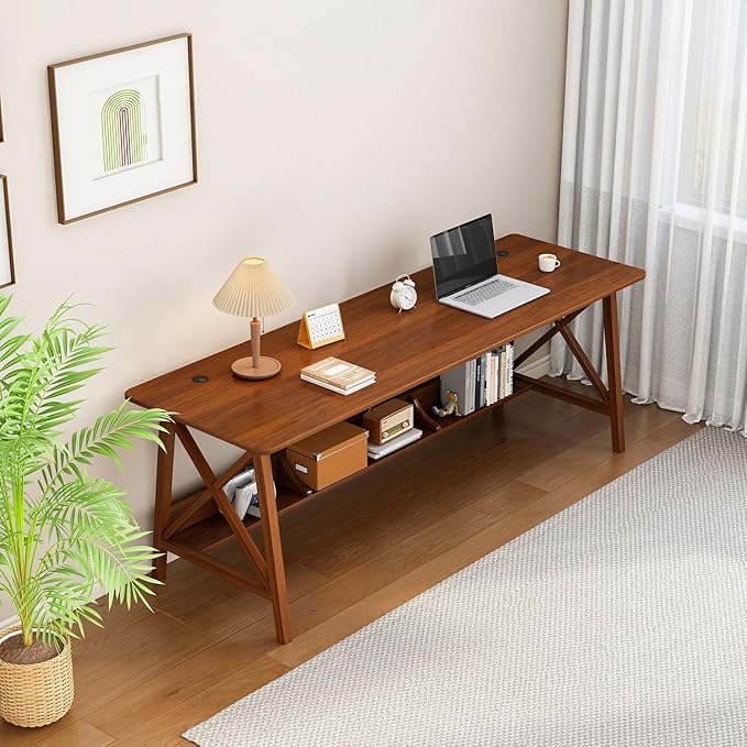 Extra Long Desk with Bookshelf - Wooden Home Office Work Study Table, 2-Person Writing Computer Workstation with Storage Shelf in Walnut, 71" Wx24 Dx30 H