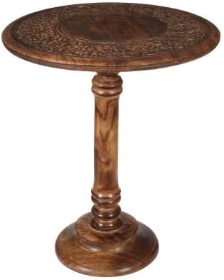 Lightnpro Hand Carved Solid Mango Wood Round Pillar Accent Table - 18" × 22" Rustic Farmhouse Side End Table | VintageRustic Boho Nightstand for Living Room, Bedroom & Entryway