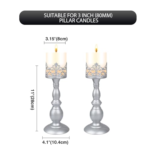 Candle Holders for Pillar Candles Gothic Matte Pearl Silver Tall Candle Holders Set of 2 Decorative Large Table Centerpieces Candle Stand Decor (2 Count)