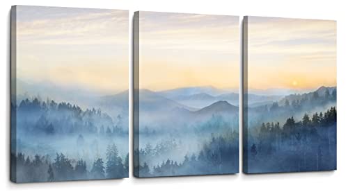 Wall Decor for Bedroom 3 Panel Sunrise Misty Forest Print Picture Paintings Wall Art for Living Room Bathroom Framed Canvas Artwork Modern Room Wall Decorations Size 12x16 x 3 Piece Ready to Hang (3 Count)