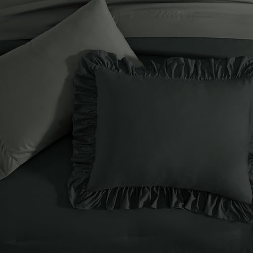 King Size Comforter Set Black Ruffle 7 Pieces Farmhouse Bed in a Bag