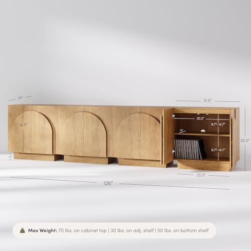 Iris Mid Century Modern Wood Accent Cabinet Sideboard Credenza TV Stand with Arched Cabinet Doors and Adjustable Shelves for Kitchen or Living Room
