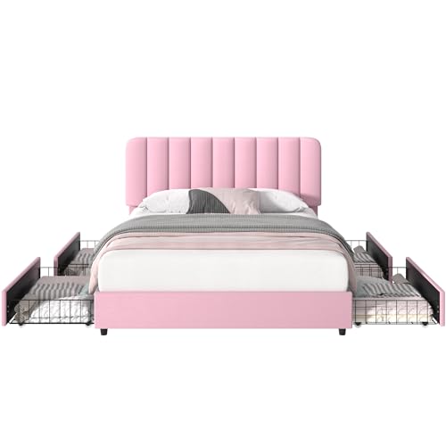 Queen Size Upholstered Bed Frame with 4 Drawers and Headboard