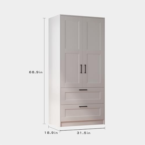 Wood White Wardrobe Closet with 2 Doors and 2 Drawers
