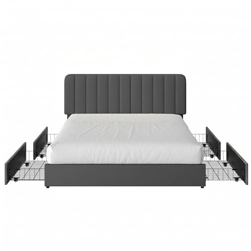 Queen Size Upholstered Bed Frame with 4 Drawers and Headboard