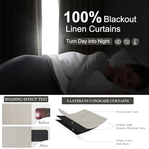 Natural Linen Pinch Pleated Blackout Curtains & Drapes 98 Inch Long Bedroom (2 Count)
