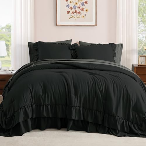 King Size Comforter Set Black Ruffle 7 Pieces Farmhouse Bed in a Bag