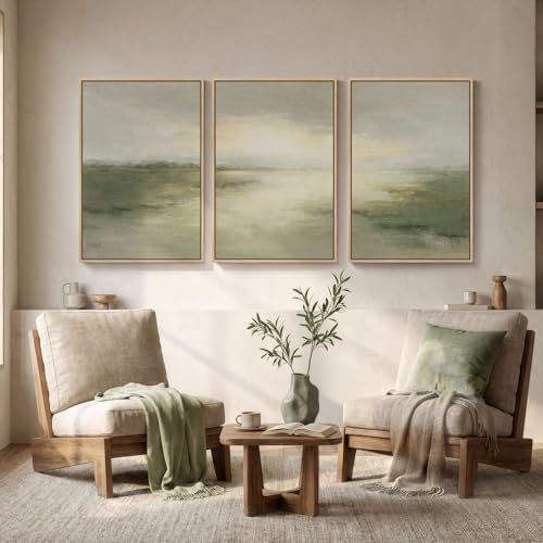Large Framed Sage Green Abstract Landscape Wall Art for Living Room (3 Count)