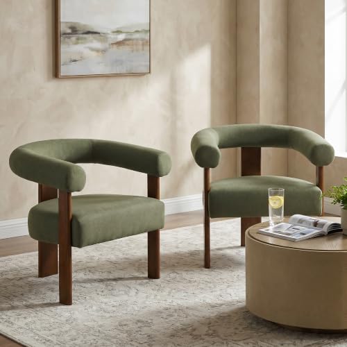 Barrel Accent Chairs Set of 2 with Armrests and Walnut Wood Legs (2 Count)