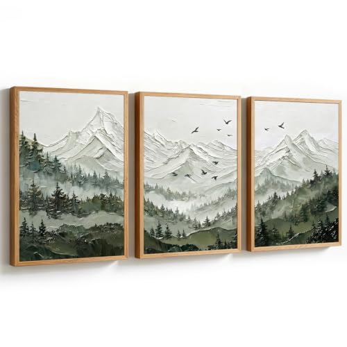 KAlRNE Mountain Landscape Forest Framed large Wall Art Set (3 Count)