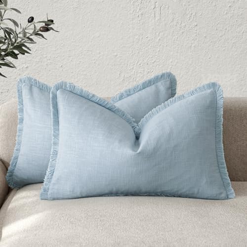 Boho Linen Fringe Lumbar Throw Pillow Covers 12×20 Light Blue (2 Count)