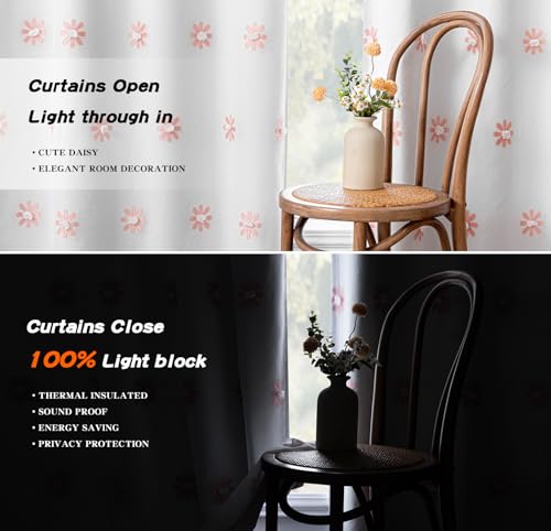 Blackout Curtains for Girls Bedroom 63 Inch Long Pink Floral Curtains for Kids Room 2 Panels 100% Room Darkening Daisy Flower Window Treatment 2 Layered Drapes Toddler Grommet 50W x 63L (2 Count)