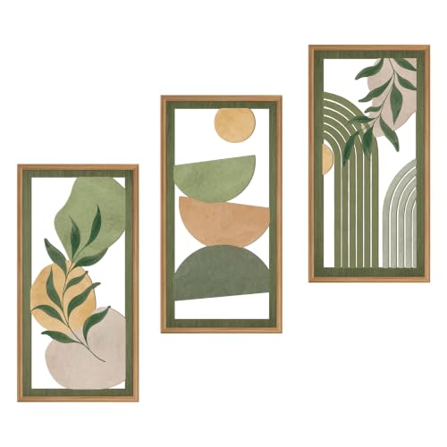 Boho Sage Green Wood Wall Art Framed 12X24 Inch Mid Century Minimalist Botanical Artwork Abstract Geometric Line Wall Decor for Living room Bedroom Set of 3