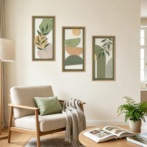 Boho Sage Green Wood Wall Art Framed 12X24 Inch Mid Century Minimalist Botanical Artwork Abstract Geometric Line Wall Decor for Living room Bedroom Set of 3