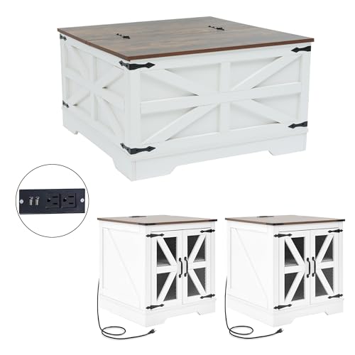 Farmhouse Coffee Table and End Table Set with Charging Station 3 Piece Set (3 Count)