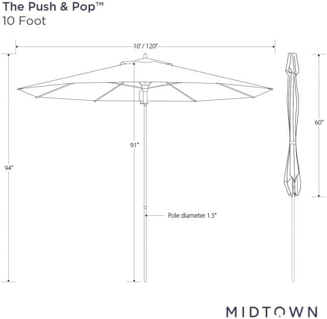 Midtown Umbrellas Push and Pop 10 Feet Outdoor Umbrella, Navy Blue Polyester Fabric - Fiberglass Ribs Deck Patio Umbrella, Backyard Umbrella, Garden Umbrella & Pool Umbrella - Black Pole