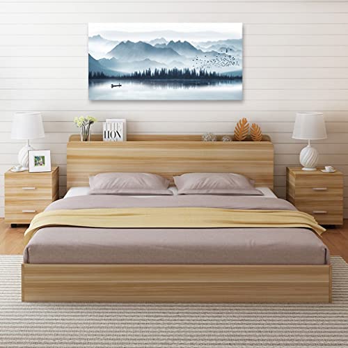Indigo Canvas Wall Art Misty Mountain Wall Pictures Foggy Lake Boat Painting Prints Forest Birds Artwork Wall Decor for Living Room Wall Decorations Framed Ready to Hang 24" x 48"