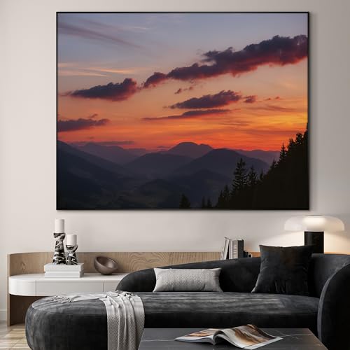 36"x46" Extra Large Framed Wall Art Scenic Sunset Over Mountain Range with Glowing Sky for Home Living Room Bedroom Decor