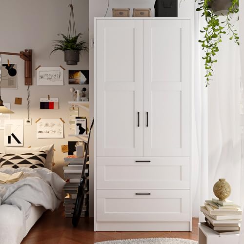 Wood White Wardrobe Closet with 2 Doors and 2 Drawers