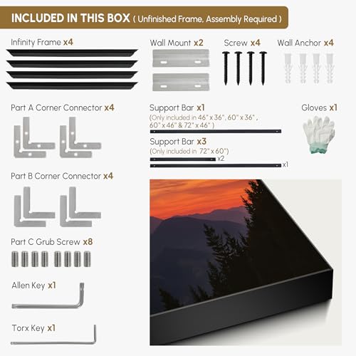 46"x60" Extra Large Framed Wall Art Scenic Sunset Over Mountain Range with Glowing Sky for Home Living Room Bedroom Decor