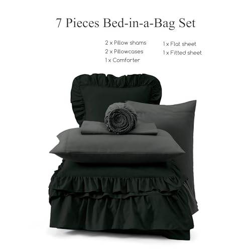King Size Comforter Set Black Ruffle 7 Pieces Farmhouse Bed in a Bag