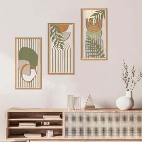 Boho Mid century Modern Wood Wall Art 8x16 Inch Framed Green Bohemian Abstract Wooden Wall Decor Set of 3 Minimalist Geometric Leaf Artwork for Living room Bedroom Office