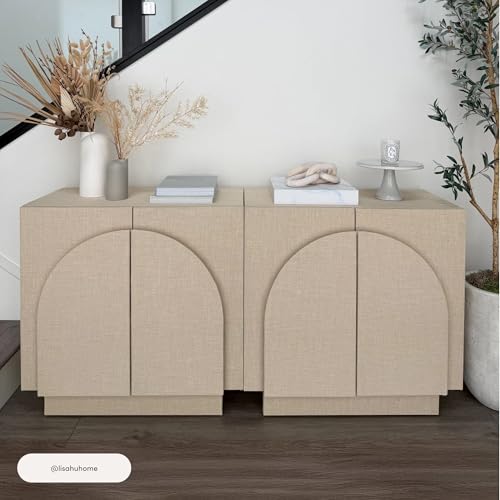 Iris Mid Century Modern Arched Curio Cabinet with Beige Linen Finish (3 Count)