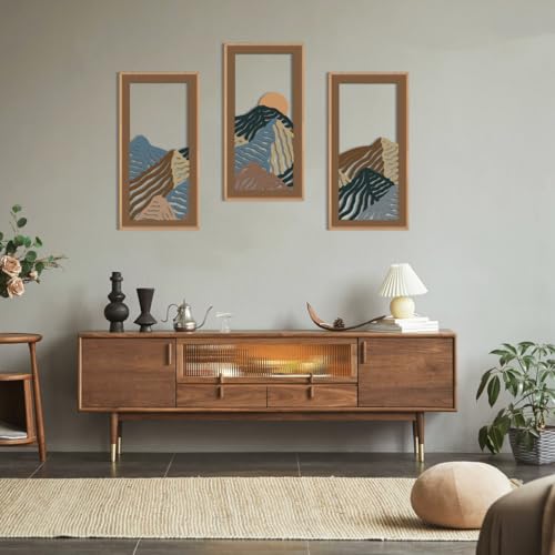 Abstract Mountain Wood Framed Wall Art 8x16 Inch Set of 3 Textured Minimalist Landscape Wooden Wall Decor Modern Colorful Line Artwork for Living room Bedroom Office