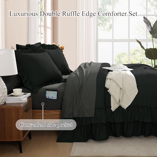 King Size Comforter Set Black Ruffle 7 Pieces Farmhouse Bed in a Bag