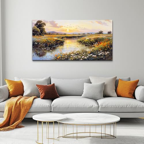 Canvas Wall Art For Bedroom Wall Decoration For Living Room Restaurant Office Decor Rivulet View Painting Farmhouse Field Scenery Watercolour Pictures Printing Artworks Home Decor 20x40In