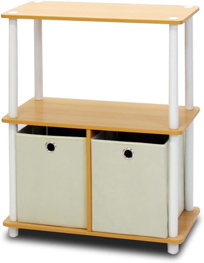 Furinno Go Green 3-Tier 2-Bin Multi-Purpose Storage Shelf (Set of 2), Beech