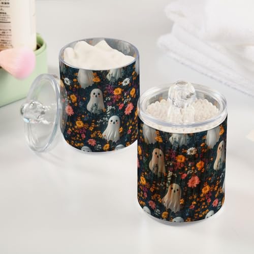 2 Pack Qtip Holder Organizer Dispenser Cute Ghosts with Flowers Bathroom Storage Canister Cotton Ball Holder Container for Cotton Pads (2 Count)