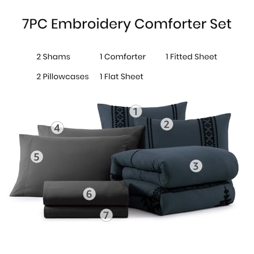 Embroidery Queen Comforter Set 7 Pieces Blue Grey Bed in a Bag