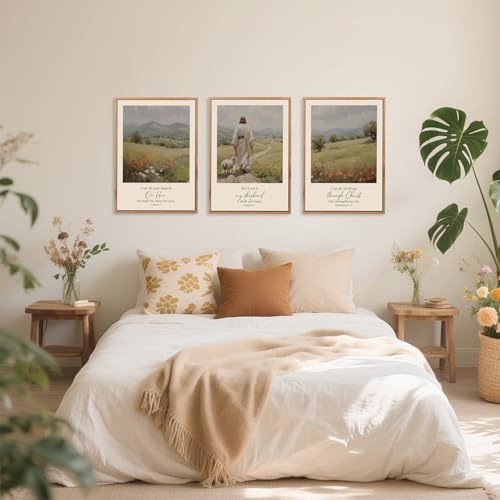 3 Pcs Jesus Scripture Landscape Framed Canvas Wall Art 24x36 Inch (3 Count)