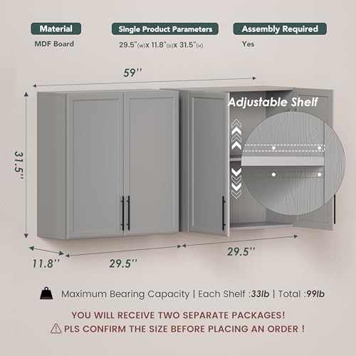 59" Wall Cabinets for Laundry Room with Adjustable Shelf (2 Count)