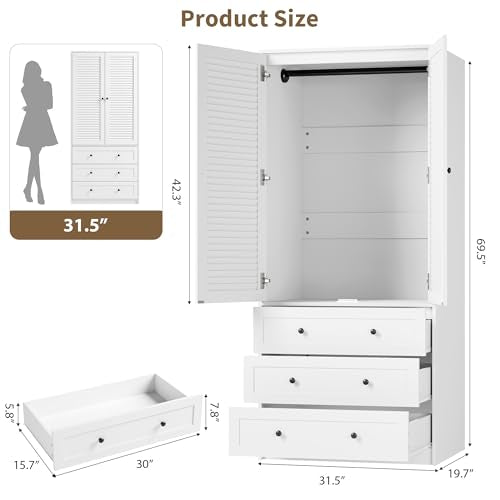 70" Wardrobe Armoire Wooden Closet with 3 Drawers