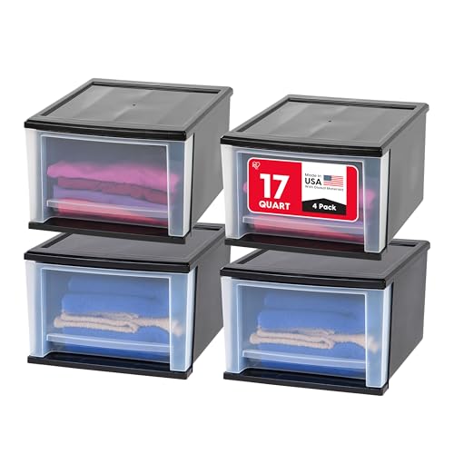 4-Pack, 17 Qt. Medium Stacking Drawer Storage Organizer, Black (4 Count)