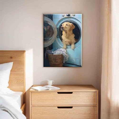 Laundry Room Canvas Wall Art Laundry Sign Painting Prints Vintage Funny Dog Artwork 16x24inch framed