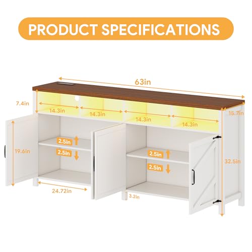 Buffet Sideboard with Storage with Power Outlets & LED Light