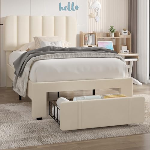 Twin Size Upholstered Bed Frame with Drawer and Headboard