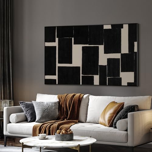 30"x60" Extra Large Framed Wall Art Modern Abstract Black and Beige Geometric Blocks for Home Living Room Bedroom Decor