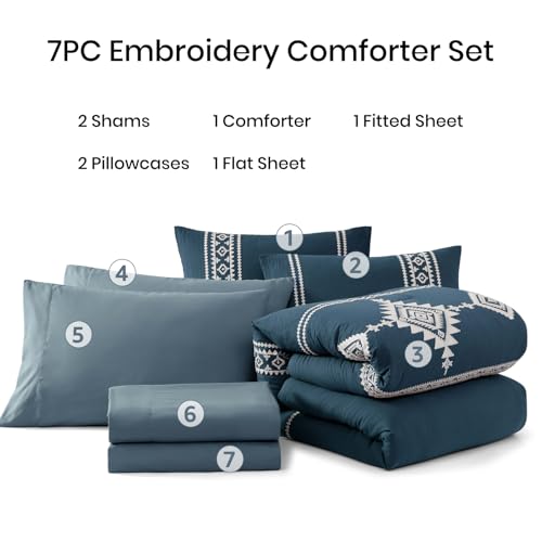 Embroidery King Size Comforter Set 7 Pieces Navy Blue Bed in a Bag