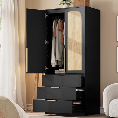 70" Wardrobe Armoire Wooden Closet with 3 Drawers